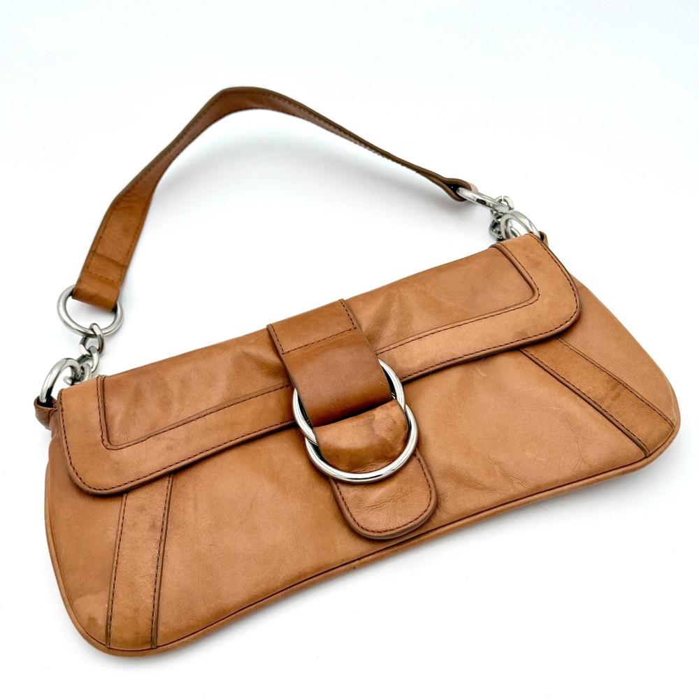 Hobo International Tan Leather O-Ring Buckle Shoulder Bag Y2K Baguette Paisley